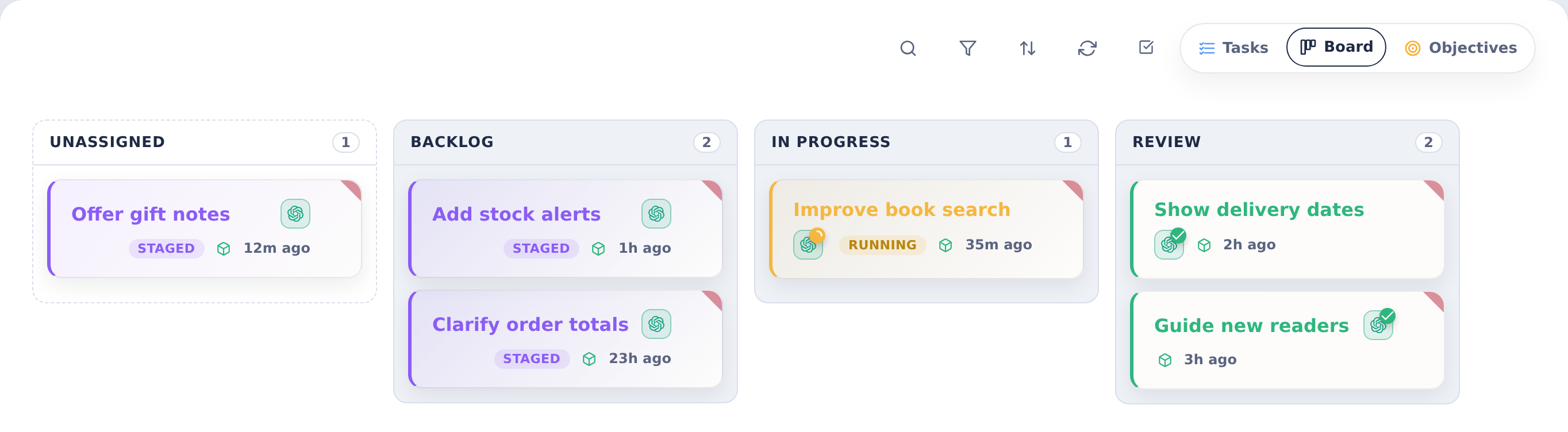 Harbor Books tasks across Unassigned, Backlog, In Progress and Review lanes