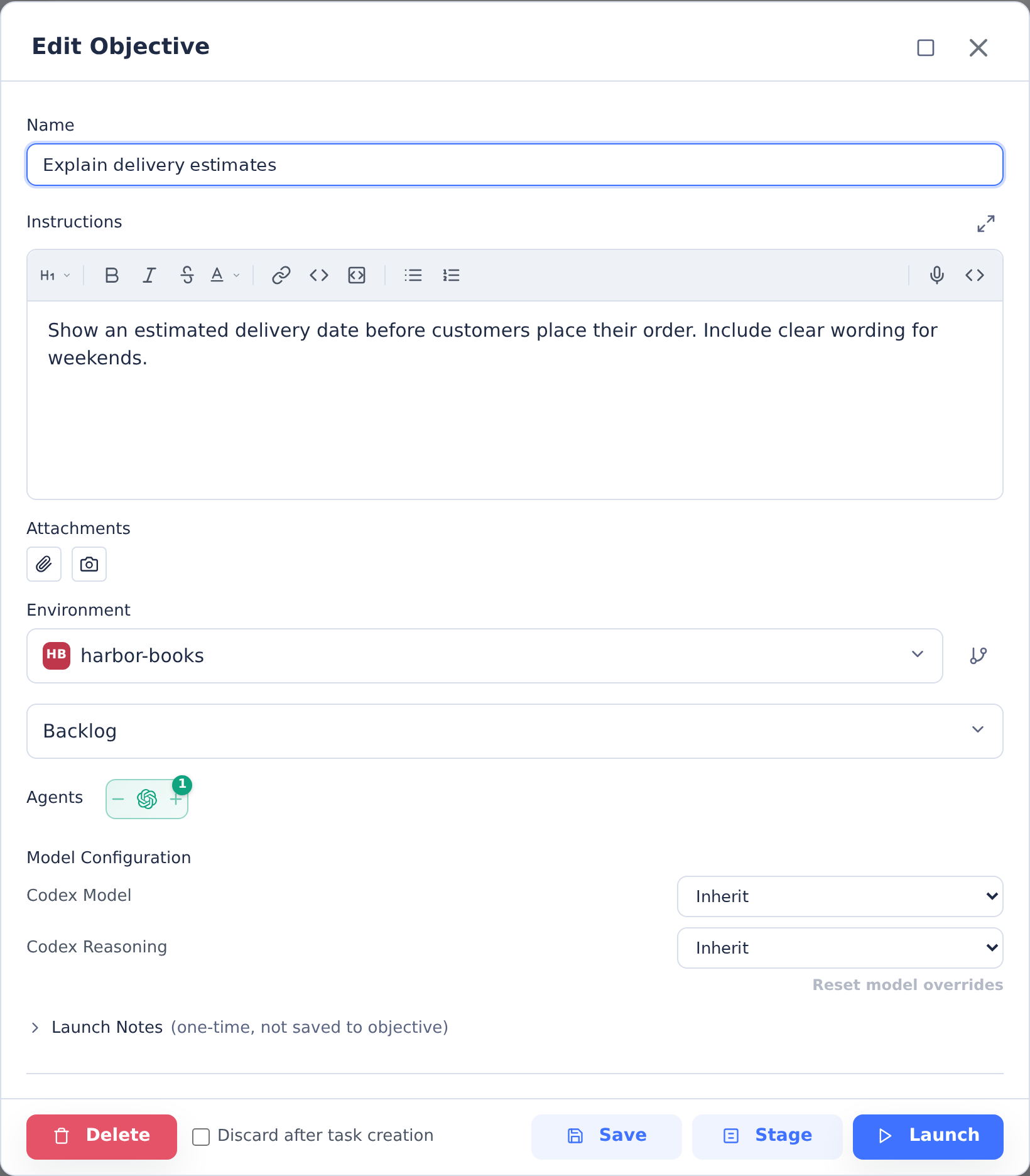 Edit Objective dialog with delivery-estimate requirements, environment, Codex selection and Save, Stage and Launch buttons