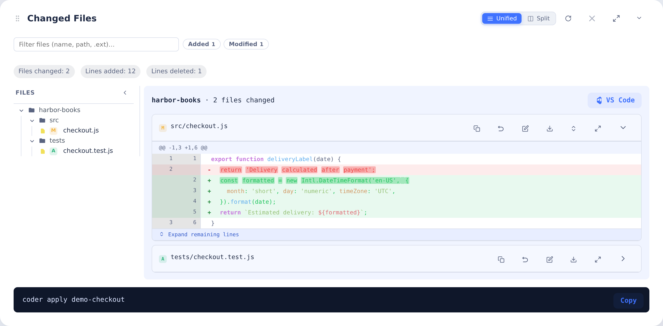 Changed Files tree and delivery-label diff for Harbor Books, with a new regression test