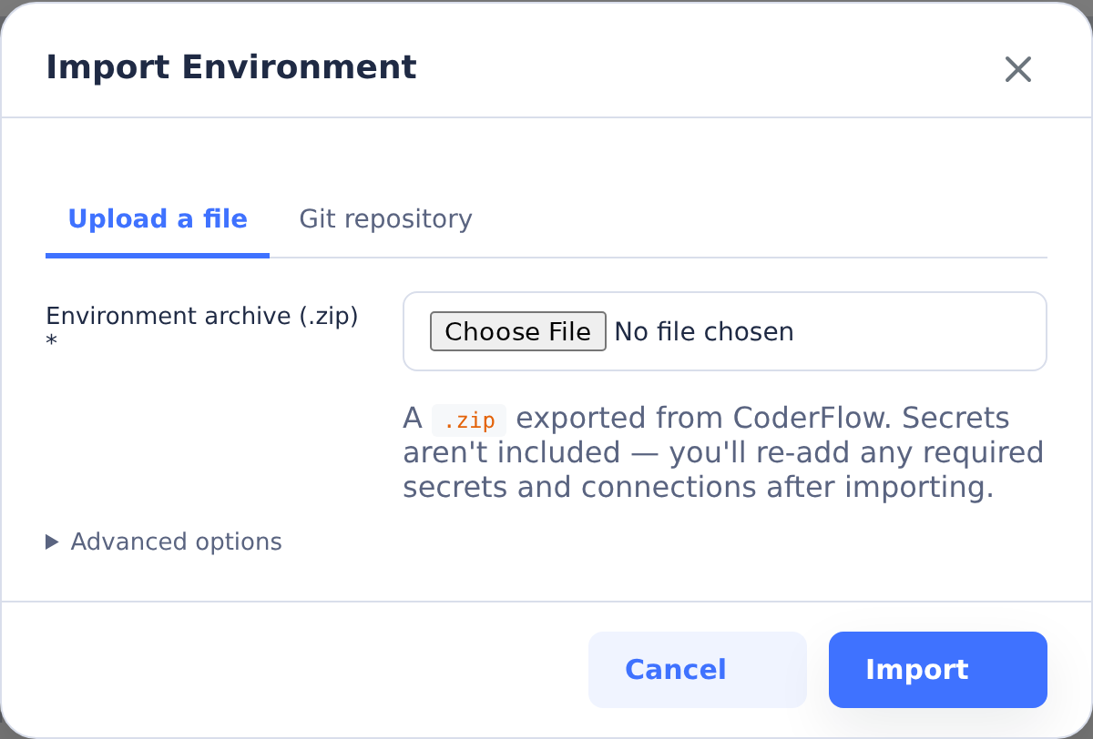 Import Environment dialog on Upload a file with an empty ZIP archive picker