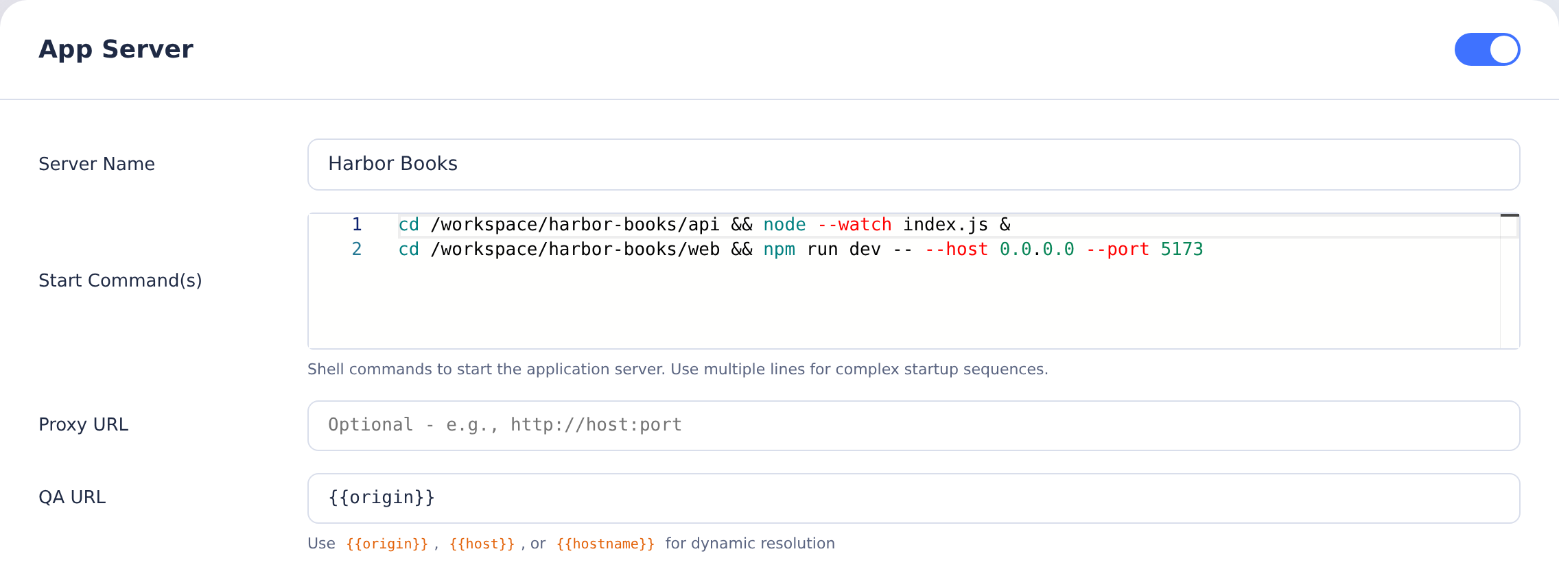 Harbor Books App Server runs the Node API in the background and the front-end dev server on port 5173