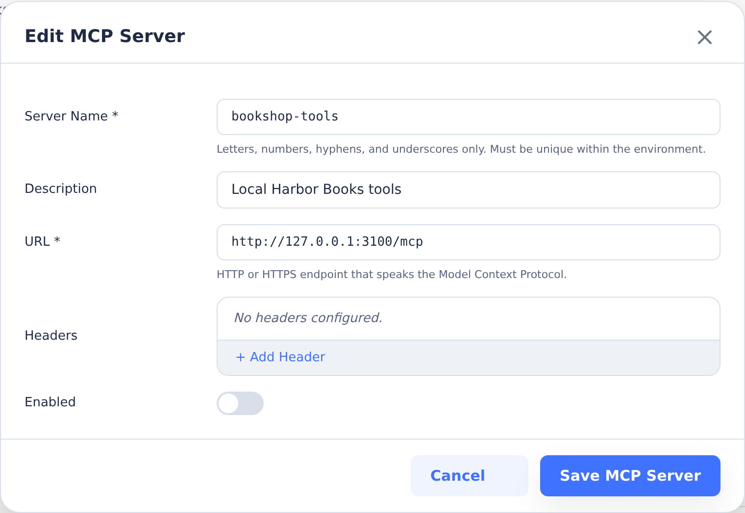 HTTP MCP server editor with a local bookshop-tools endpoint, no headers and Enabled off