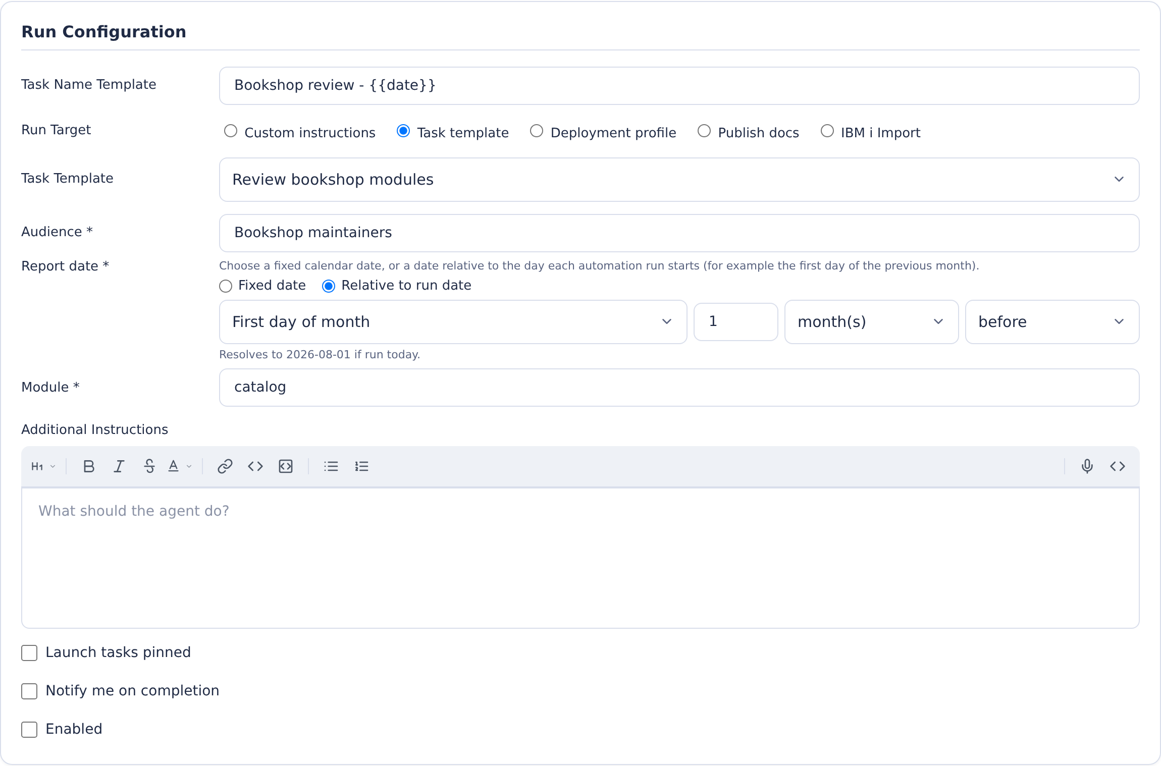 Task-template automation with a relative report date preview of 2026-08-01 and Enabled off