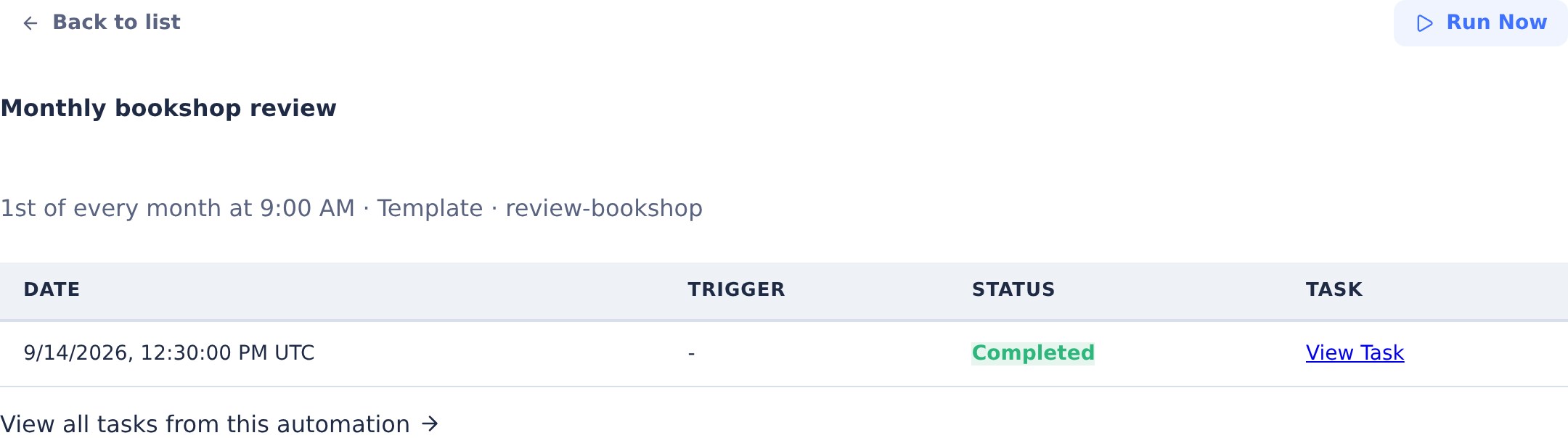 Automation run history with a completed run and a View Task link