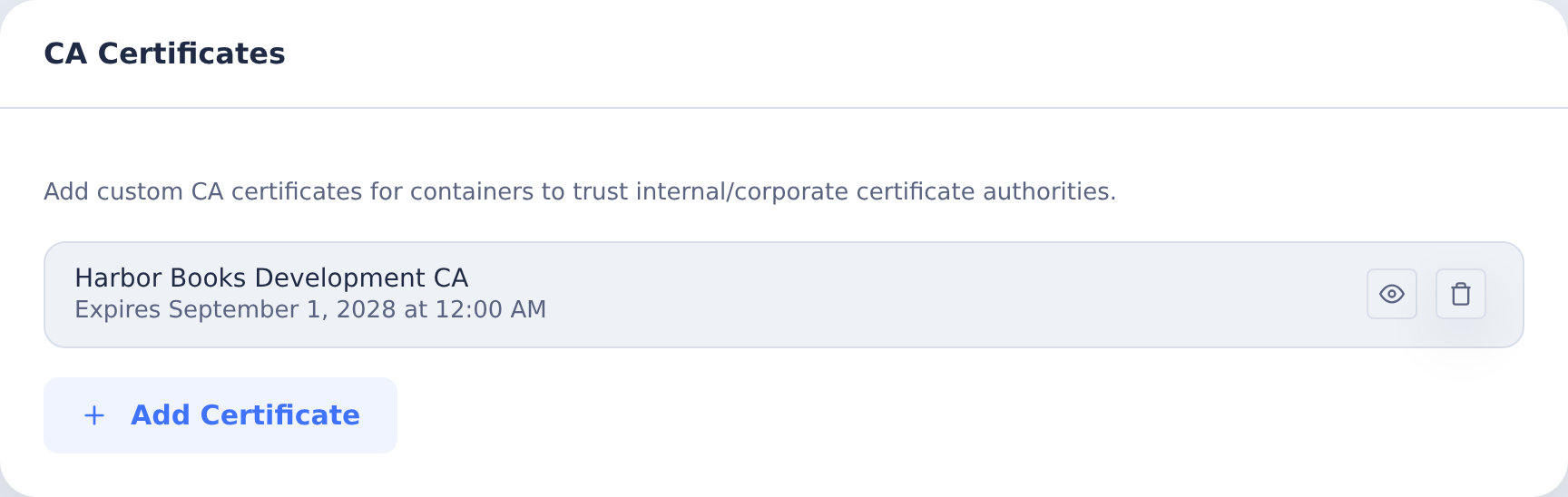 CA Certificates list with Harbor Books Development CA, expiration metadata and Add Certificate control