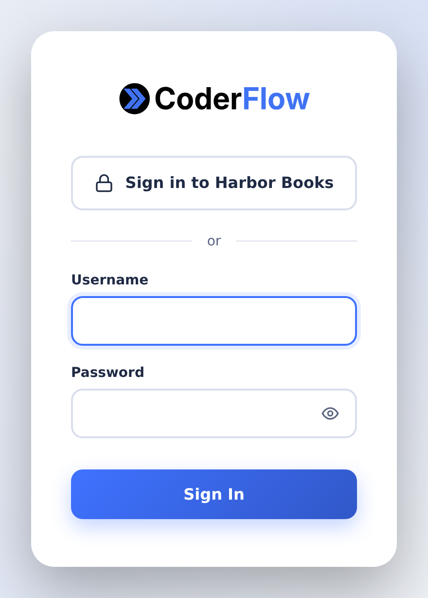 CoderFlow sign-in screen with Sign in to Harbor Books SSO and local login options