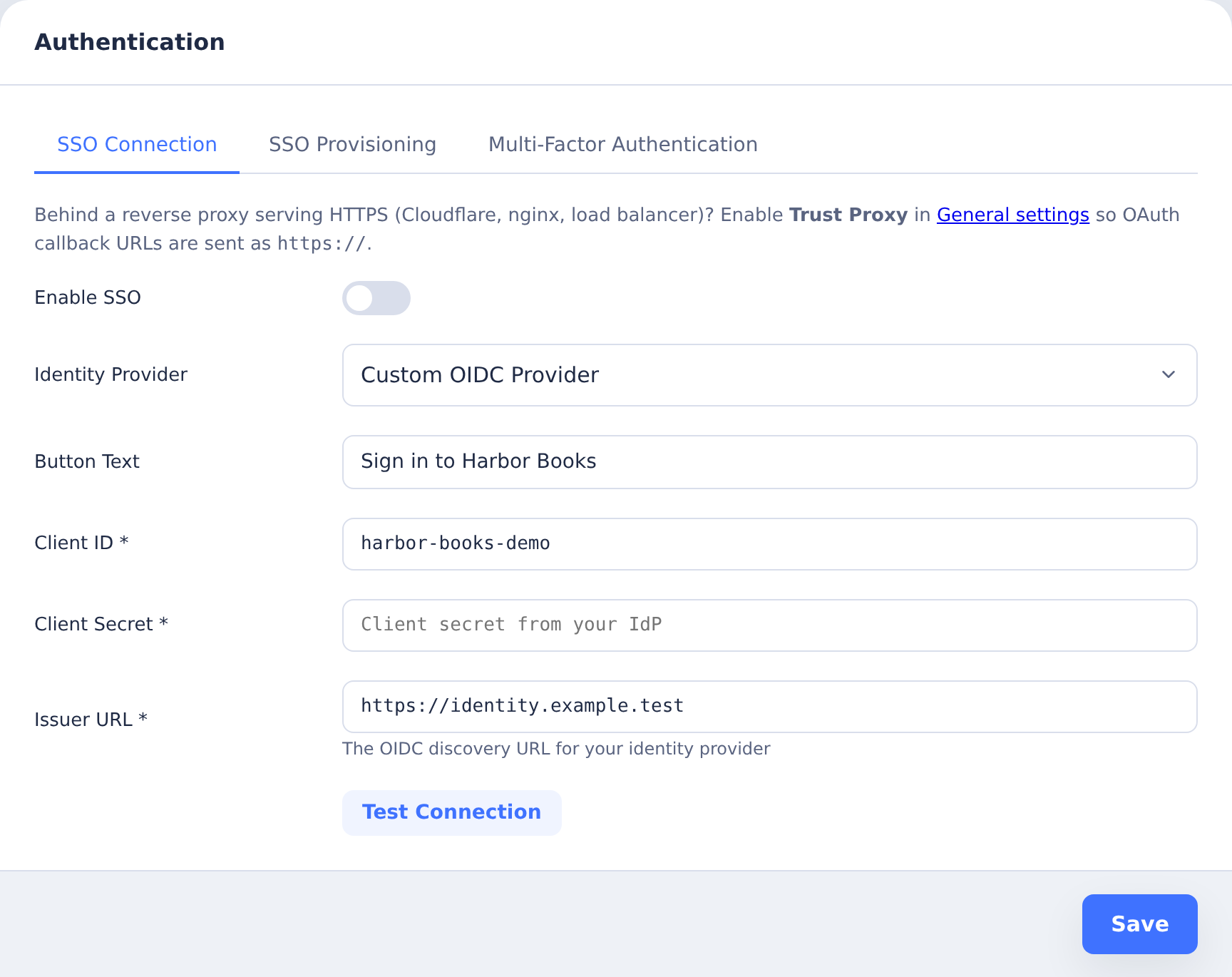 Authentication SSO Connection settings with a demonstration identity provider and an empty client secret
