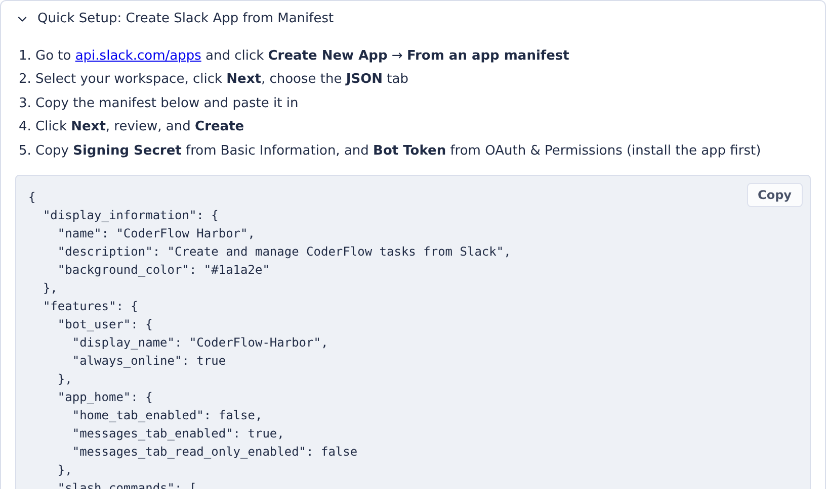 Slack Quick Setup with Copy, setup instructions and the beginning of the generated manifest