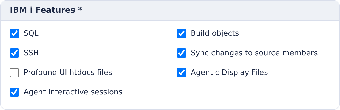 IBM i Features panel with SQL, Build, SSH, Sync, Agentic Display Files and Interactive Sessions selected