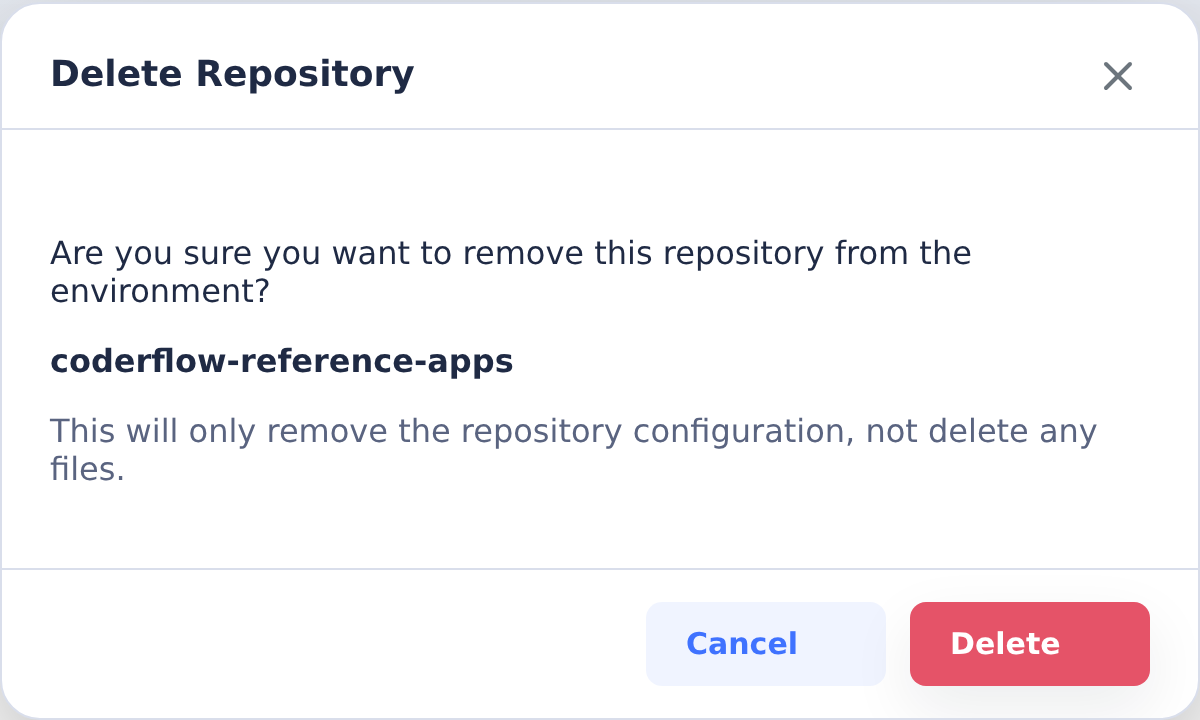 Delete Repository confirmation identifies coderflow-reference-apps before detaching it from the environment