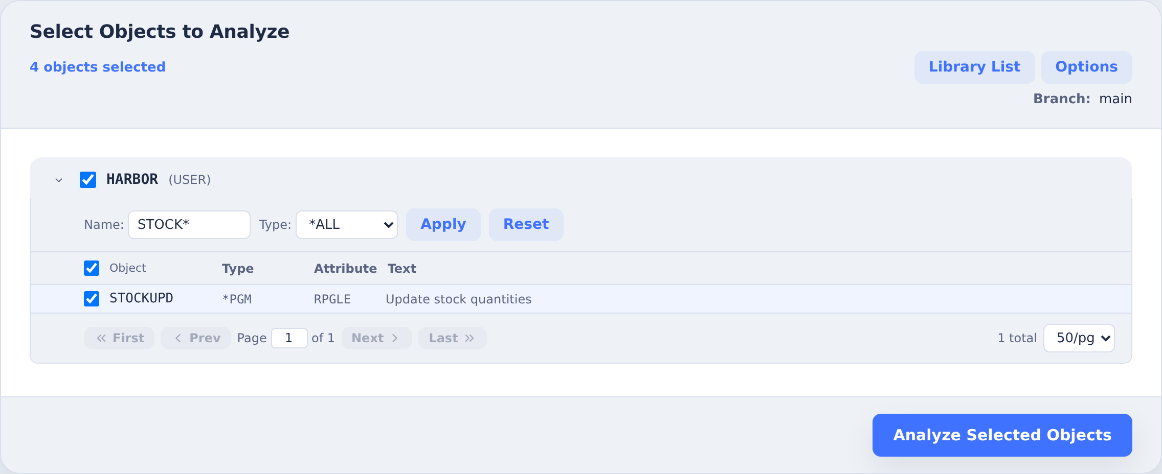 Build rule selection filtered to STOCKUPD while retaining four selected objects across BOOK and STOCK filters