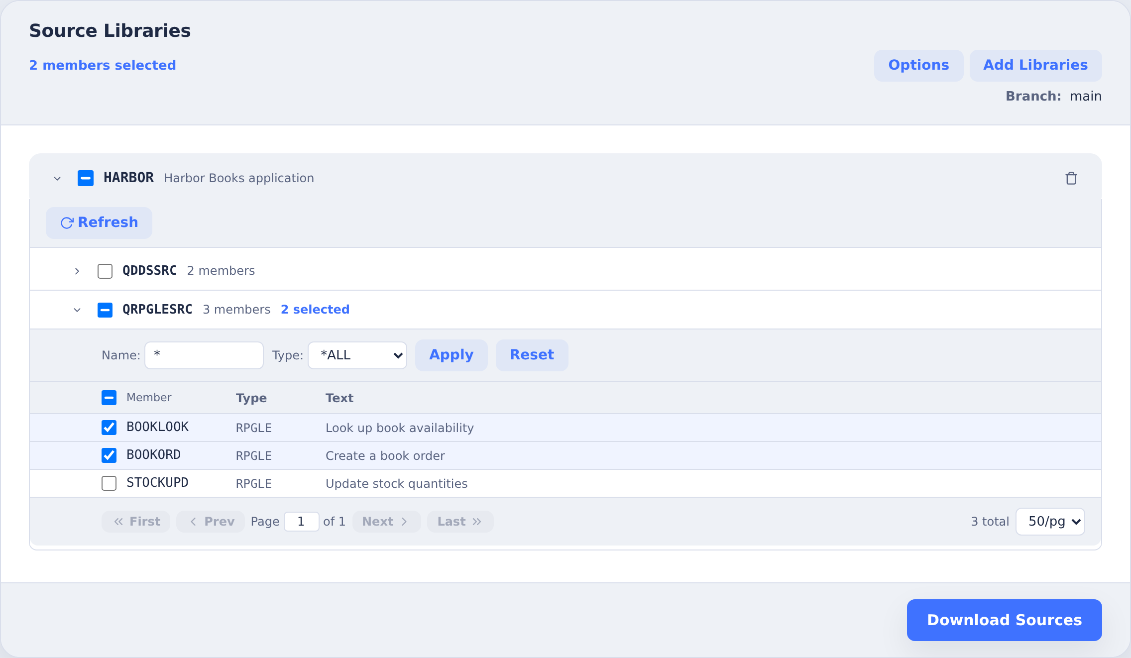 Expanded HARBOR library and QRPGLESRC source file with BOOKLOOK and BOOKORD selected