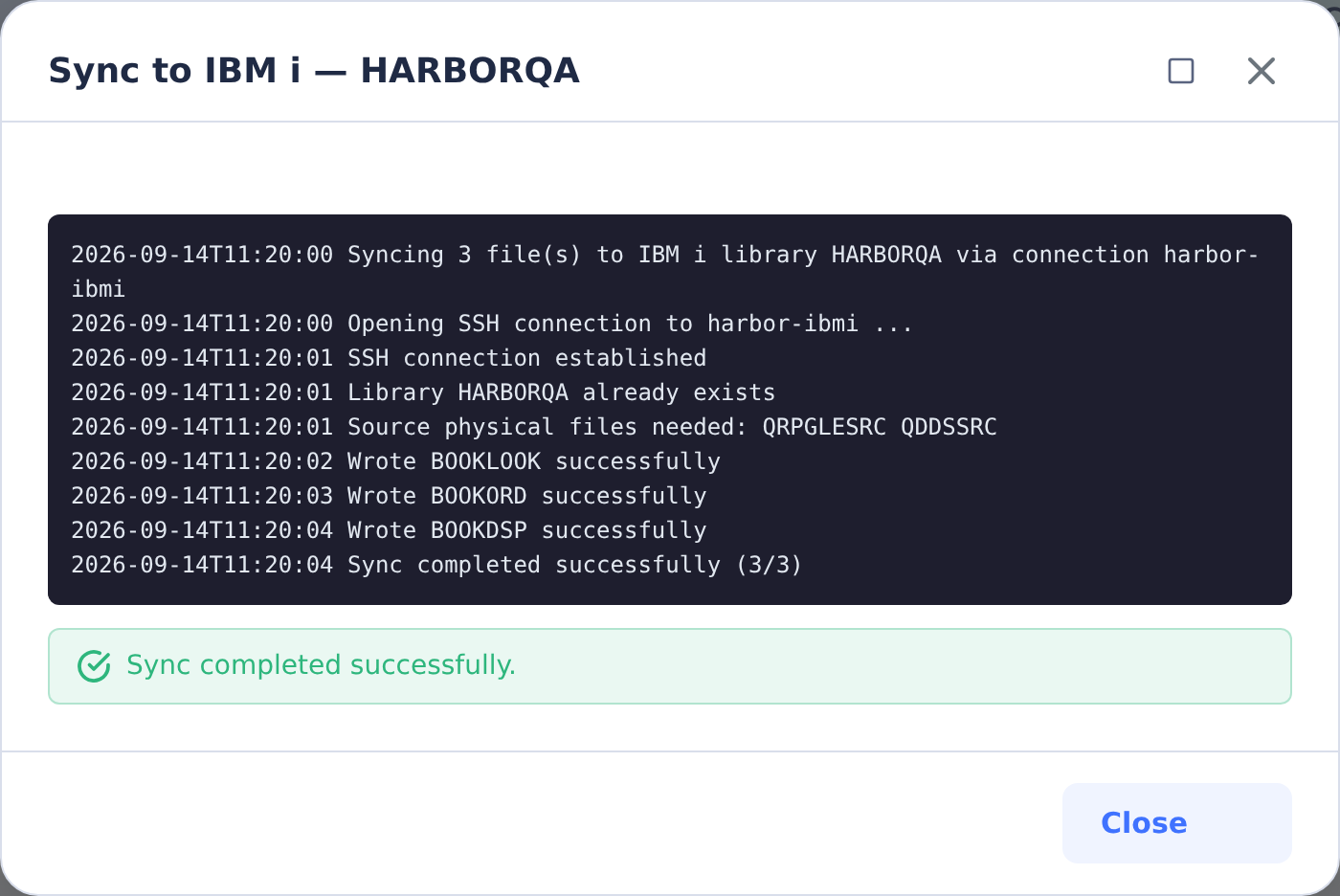 Stored sync log showing the HARBORQA target and three synced Harbor Books source members